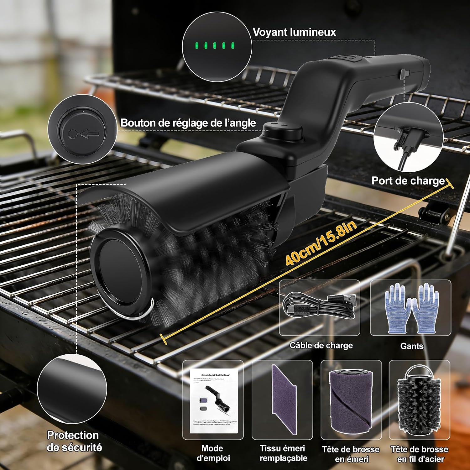 Brosse Barbecue Électrique 2-En-1, Brosse Électrique Avec 3 Niveaux De Nettoyage/Rotation À 360° / 400 Tr/Min, Rechargeable Avec Têtes De Brosse Interchangeables Pour Tous Les Barbecues