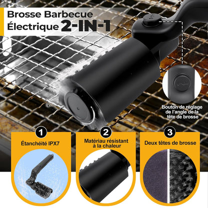 Brosse Barbecue Électrique 2-En-1, Brosse Électrique Avec 3 Niveaux De Nettoyage/Rotation À 360° / 400 Tr/Min, Rechargeable Avec Têtes De Brosse Interchangeables Pour Tous Les Barbecues